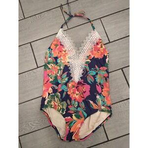 Sea Angel Womens 1X Floral Halter One Piece Swimsuit Navy Pink Crochet Lace Trim